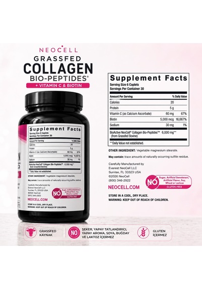 Grassfed Collagen Bio-peptides +vitamin C & Biotin 6000 Mg 180 Caplets