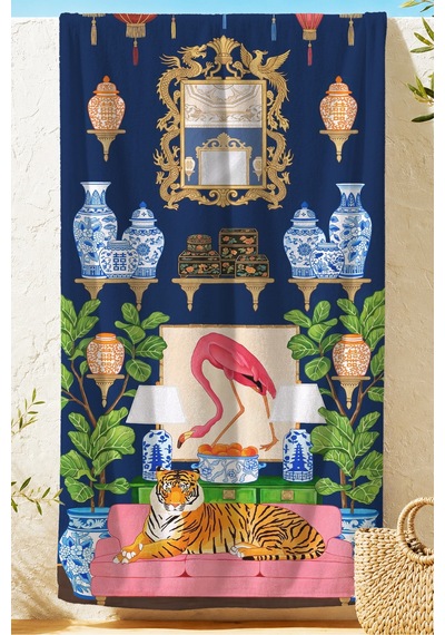 Egzotik Kaplan Temalı Lacivert Plaj Havlusu - Maksimalist Chinoiserie Dekor Mikrofiber Havlu Sakin Zambak