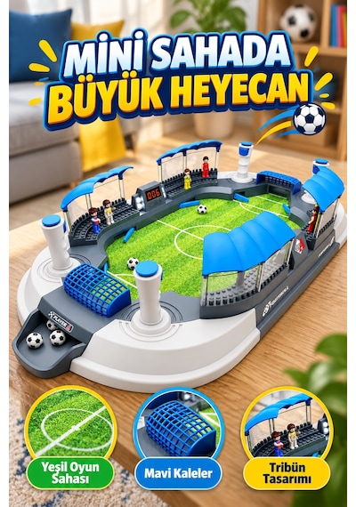 Büyük Boy Masaüstü Futbol Oyunu 70,5 Cm 2 Kişilik 4 Kontrollü Mini Stadyum 8 Figürlü Çocuk Oyun Seti