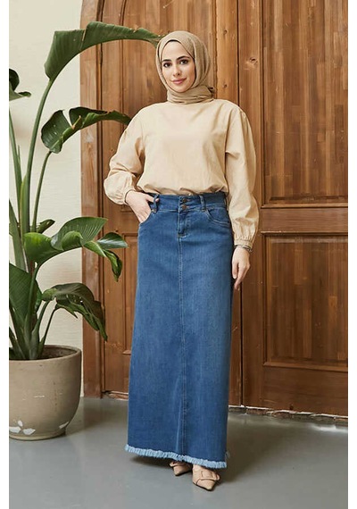 Neways 2252-Denim Püsküllü  Etek Koyu Mavi