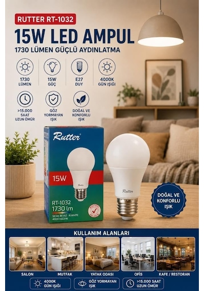 Rt-1032 E27 15w Led Ampul 4000k Günışığı Yüksek Lümen Güçlü Aydınlatma Yüksek Verimli Led Lamba