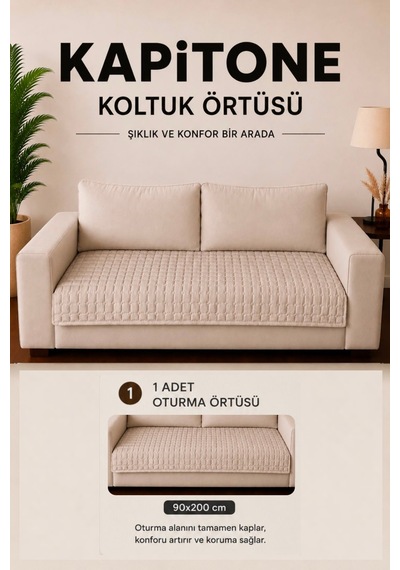 Kare Desenli Tek Parça Kaymaz Taban Kapitone Koltuk Örtüsü Çekyat Kanepe Örtüsü 90x200 Krem Krem