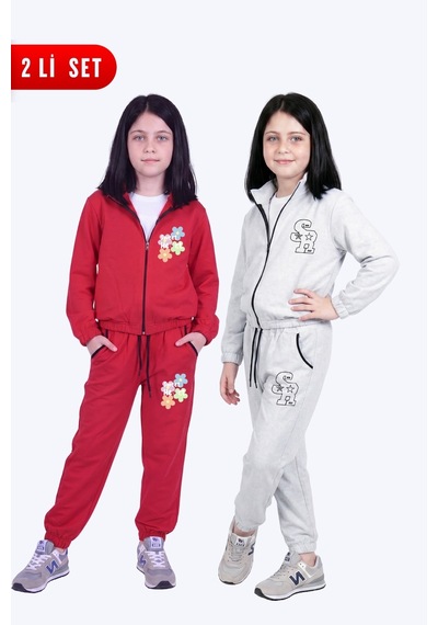 Fyk Kids Kız Çocuk 2'li Baskılı Dik Yaka Çift Cepli Fermuarlı Eşofman Takımı Kırmızı-gri