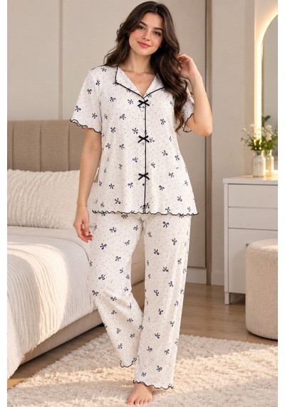 Üç Gül Ticaret Kadın Fiyonk Desenli Kısa Kollu Pijama Takımı Beyaz Beyaz