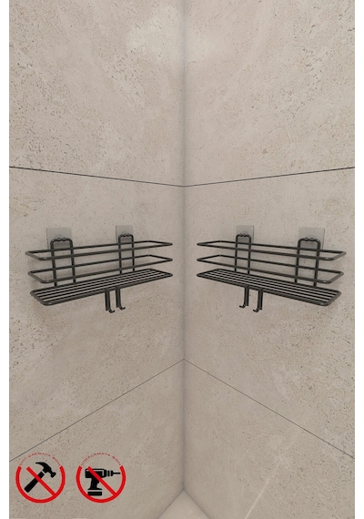 Güçlü Yapışkanlı Metal Kancalı Siyah Banyo Rafı 2 Adet Siyah