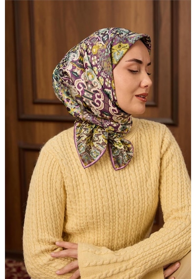 Silk Home Twill İpek Eşarp Mürdüm-butter Yellow Desenli Tok Duruşlu 90x90 Çok Renkli