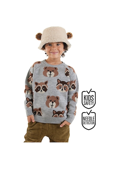 Denokids Erkek Çocuk Kışlık Hayvan Desenli Triko Gri Uzun Kollu Kazak 2-7 Yaş
