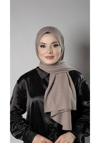 Hürrem Bone Vizon Pratik Hazır Geçmeli Tesettür Şal Örme Kumaş Taşlı Çiçek Desenli 2118c 10
