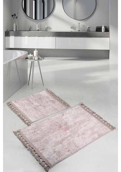 Nova Vizon 2'li Köşeli Ponpon Saçaklı Banyo 60 x 100 + 50 x 60 Gri