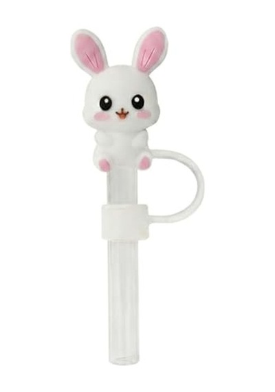 Beyaz Sevimli Tavşan Figürlü Pipet Kapağı, Silikon Pipet Kapağı, Pipet Koruyucu,pipet Başlığı Paslanmaz Çelik Termos İle Uyumlu,