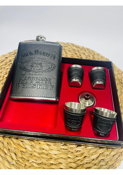 JackDanils Metal Matara Seti 4 Bardaklı/Deri Kaplı