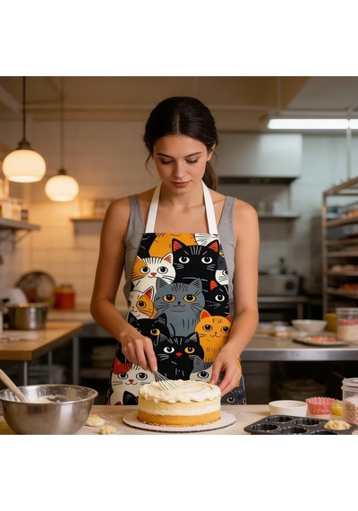 Valkyrie Kedi Desenli Mutfak Önlüğü Cepli Ayarlanabilir Askılı Unisex Mutfak Pişirme Servis Temizlik Önlüğü Siyah