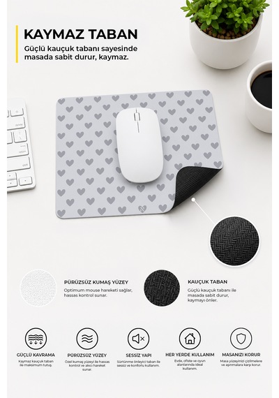 Gri Renkli Kalpli Desenli Ergonomik Mouse Pad, Kaymaz Yüzey İle Ev Ve Ofis Kullanımı İçin İdeal