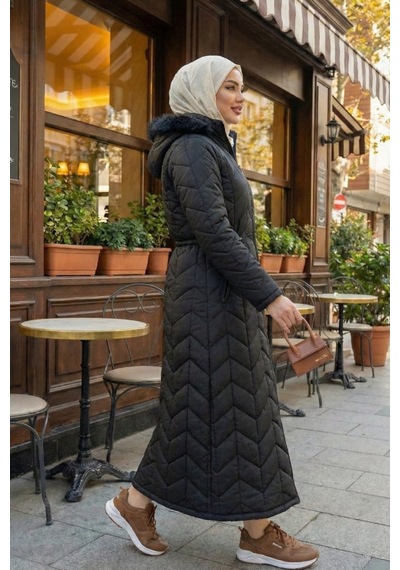 Hb Harma Time Butik Kadın İçi Astarlı Kapüşonlu Siyah Kapitone Mont
