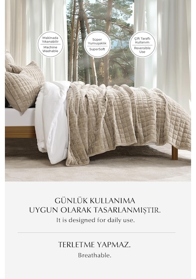 Evlen Home Collection Kadife Stacy Yatak Örtüsü Seti Çift Kişilik Elyaf Dolgulu Yumuşak 3 Parça Bej