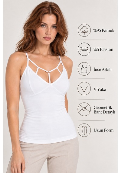 Loule Kadın 3'lü V Yaka Çapraz Askılı İnce Askılı Atlet Beyaz %95 Pamuk