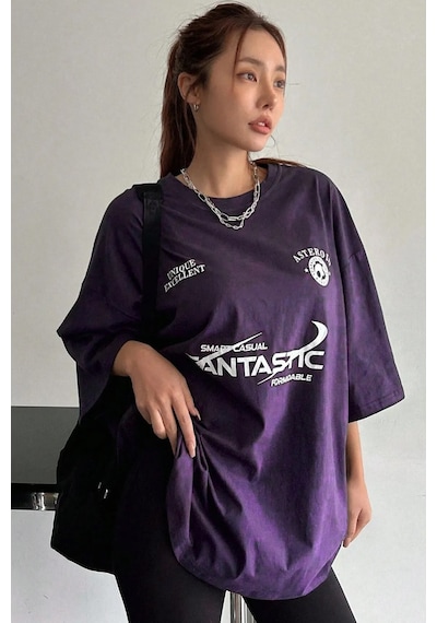 Fantastic Baskılı Unisex Oversize Tshirt Mor