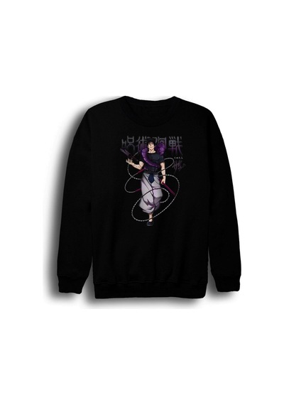 Jujutsu Kaisen Satoru Gojo Anime Baskılı Unisex %100 Pamuk Siyah Bisiklet Yaka Sweatshirt Siyah