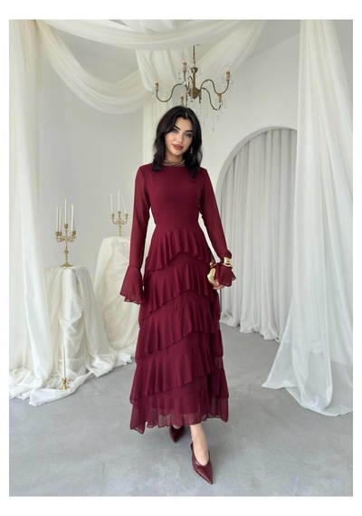 Nils Butik Katlı Şifon Detaylı Uzun Abiye Elbise Bordo