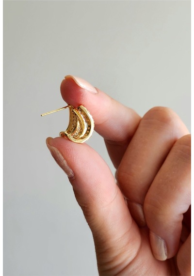 Üçlü Zirkon Taşlı Tekli Altın Kaplama Gold Renk Çelik Küpe Gold