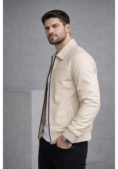 Baselco Basic Slim Fit Polo Yaka Süet Ceket Krem Deri