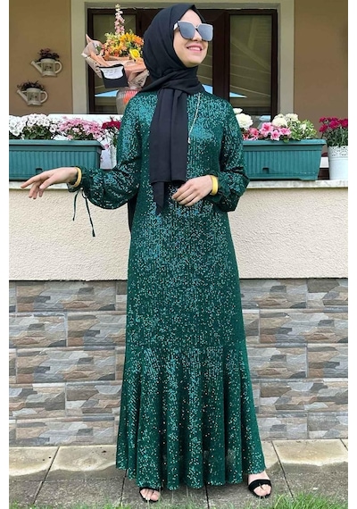 Rabia Şamlı Pırıl Zümrüt Yeşili Elbise Normal
