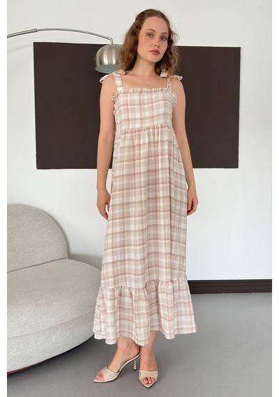 Verymoda Kadın Ekose Desenli Askı Bağlama Detaylı Maxi Elbise Kahve