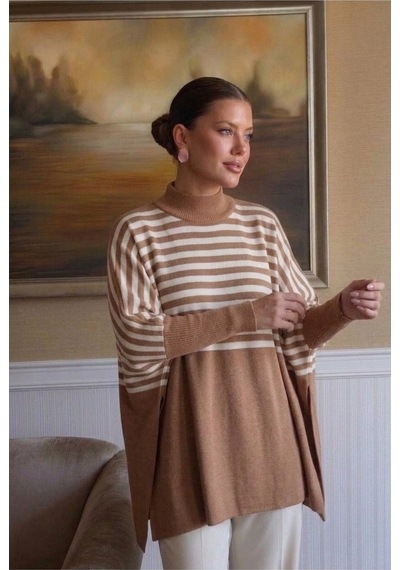 Onno Style Women Çizgili Standart Beden Triko Kadın Panço Bej