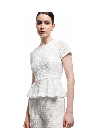 Koton Bürümcük Kumaş Dokulu Kısa Kollu Bisiklet Yaka Peplum Bluz Beyaz 5sak10533ek Beyaz