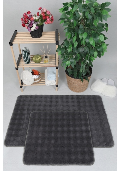 Modern Bubble Yıkanabilir Kaymaz Peluş Banyo Paspası Halısı 2li Klozet Takımı 60x100-50x60cm Antrasit