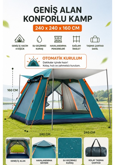 6 Kişilik Tam Otomatik Tenteli Çift Kapılı Kamp Çadırı 250x250x160