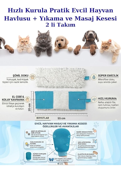 Tr Pratik Evcil Hayvan Banyo Seti, Ped Evcil Hayvan, Köpek, Kedi, Mikrofiber Kurulama Havlusu Ve Yıkama Kesesi, 55x20 Diğer