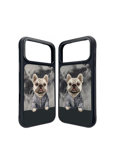 3d İphone 18 Pro Max Uyumlu Magsafe Özellikli Gerçek Nakış İşlemeli Köpek Kılıf Siyah