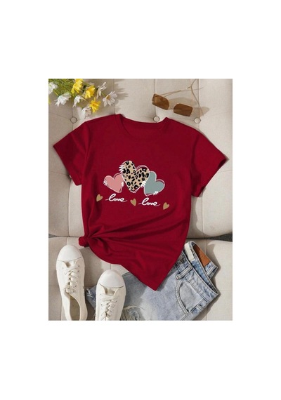 Medinenur Kalp Baskılı Basic T-shirt Kırmızı