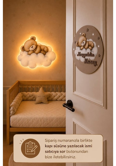 Ahşap Ayıcıklı Bebek Odası Gece Lambası Ve Ahşap Hoş Geldin Kapı Süsü Seti Kahverengi