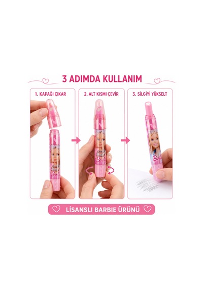 Bakgelal Lisanslı Barbie Kalp Uçlu Çevirmeli Kalem Silgi Kapaklı Okul Kırtasiye Ürünü - 9047731204780