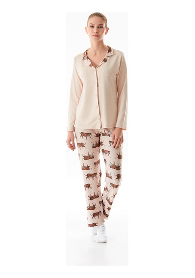 Fullamoda Kaplan Desenli Gömlek Yaka 2 Li Pijama Takımı 24mıcg631216521-bej Bej Fullamoda Kaplan Desenli Gömlek Yaka 2 Li Pijama Takımı 24mıcg631216521-bej Bej