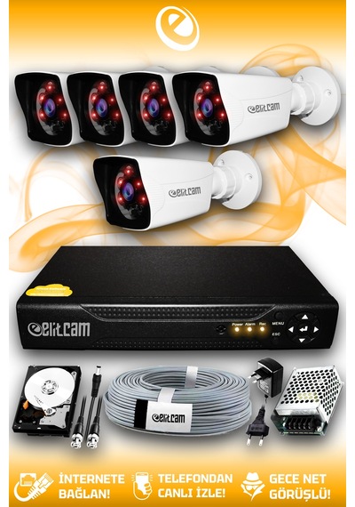 Elitcam 5 Kameralı Kare 5 Dış Kamera Set 2 TB HDD Full HD Gece Görüşlü Güvenlik Kamerası Sistemi
