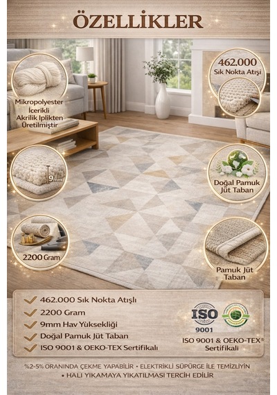 Modern Geometrik Salon Halısı Leke Tutmaz Akrilik 462.000 Sık Dokuma 9mm Yumuşak Halı Çok Renkli