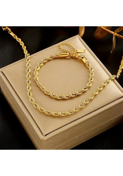 Gns Aksesuar Gold Burgu Model Çelik Kararmaz Zincir Kolye Ve Bileklik Set 3mm Gold