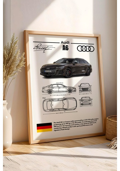 Audi A6 Tablo - Teknik Özellikli Alman Lüks Sedan Poster - Çerçeveli Duvar Dekoru - Araba Blueprint Kayın
