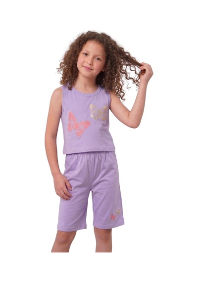New Kids Kelebek Baskılı Şortta Kelebek Lla Yaldız Detaylı. Kız Çocuk Takım-91184 Lila
