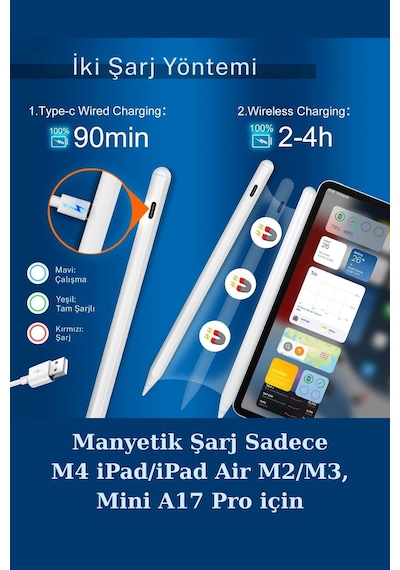 Apple Uyumlu iPad  M4/m3/m2/a17 Air Pro Manyetik Şarj Olabilen Pencil Pro Dokunmatik Tablet Kalemi