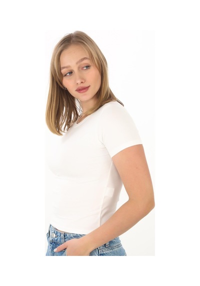 Crop Slim Fit Pamuk Likra Tişört-ekru Ekru
