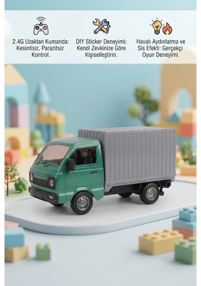 Uzaktan Kumandalı 1:16 Ölçek Duman Atan Yeşil Kapalı Kasa Kapıları Açılabilir Led Işıklı Kamyonet Çok Renkli