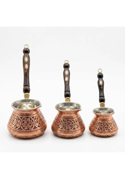 Aura Copper 3'lü Bakır Cezve Seti 2-4-6 Kişilik Türk Kahvesi Cezvesi