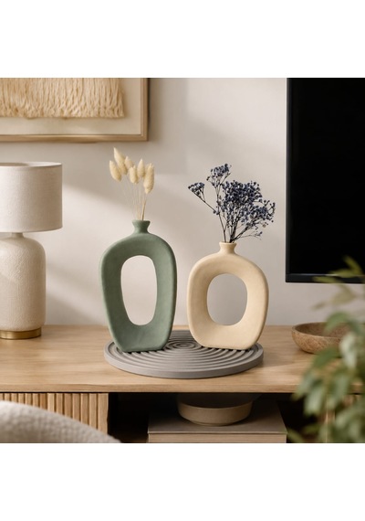 Momiko El Yapımı Modern Bohem Beton Vazo Seti Dekoratif Kemerli İkili Vazo & Yuvarlak Altlık Premium Seri Adaçayı-bej-vizon