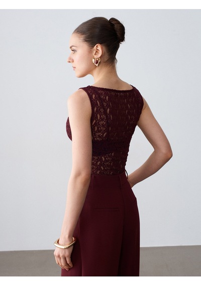 Dilvin 21202 Dantel Detaylı Kolsuz Top-bordo