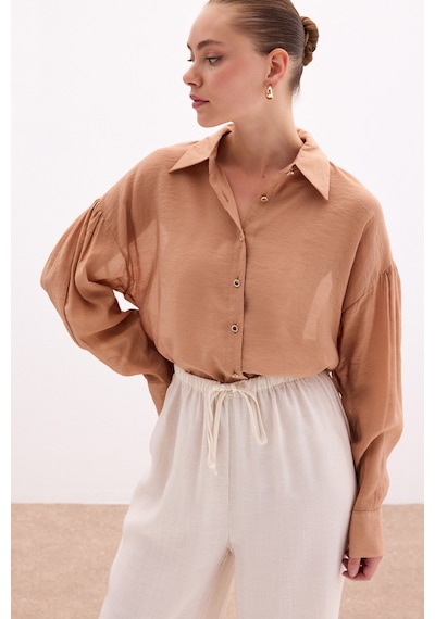 Sateen Düğme Aksesuarlı İnce Gömlek - Camel-136085 CAMEL