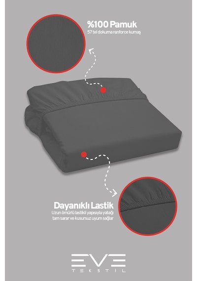 Eve Tekstil Pamuklu Çift Kişilik Rainforce Kumaş Lastikli Çarşaf Ve Yastık Kılıfı Set Gri